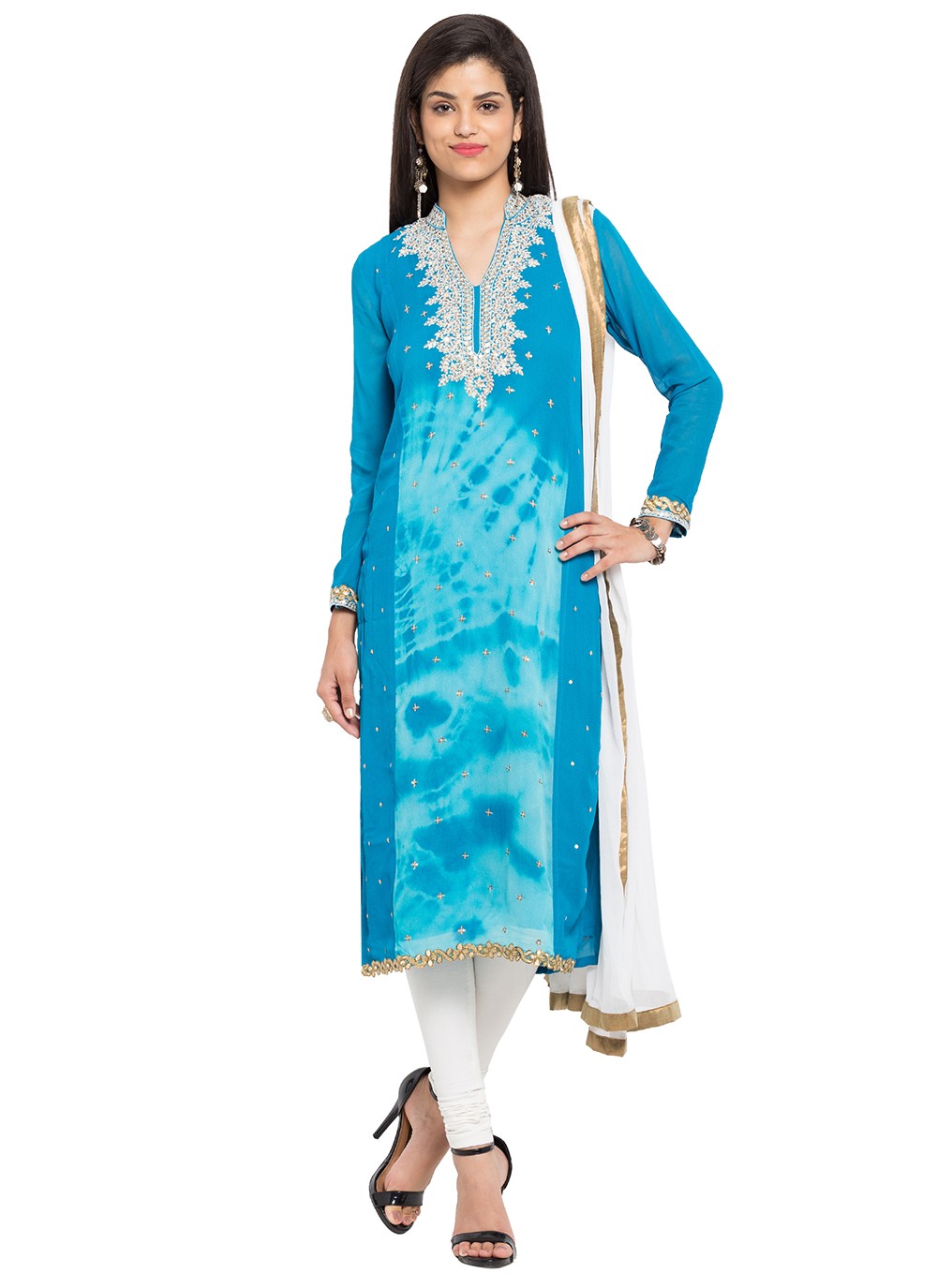 Faux Georgette Blue Embroidered Readymade Churidar Salwar Kameez