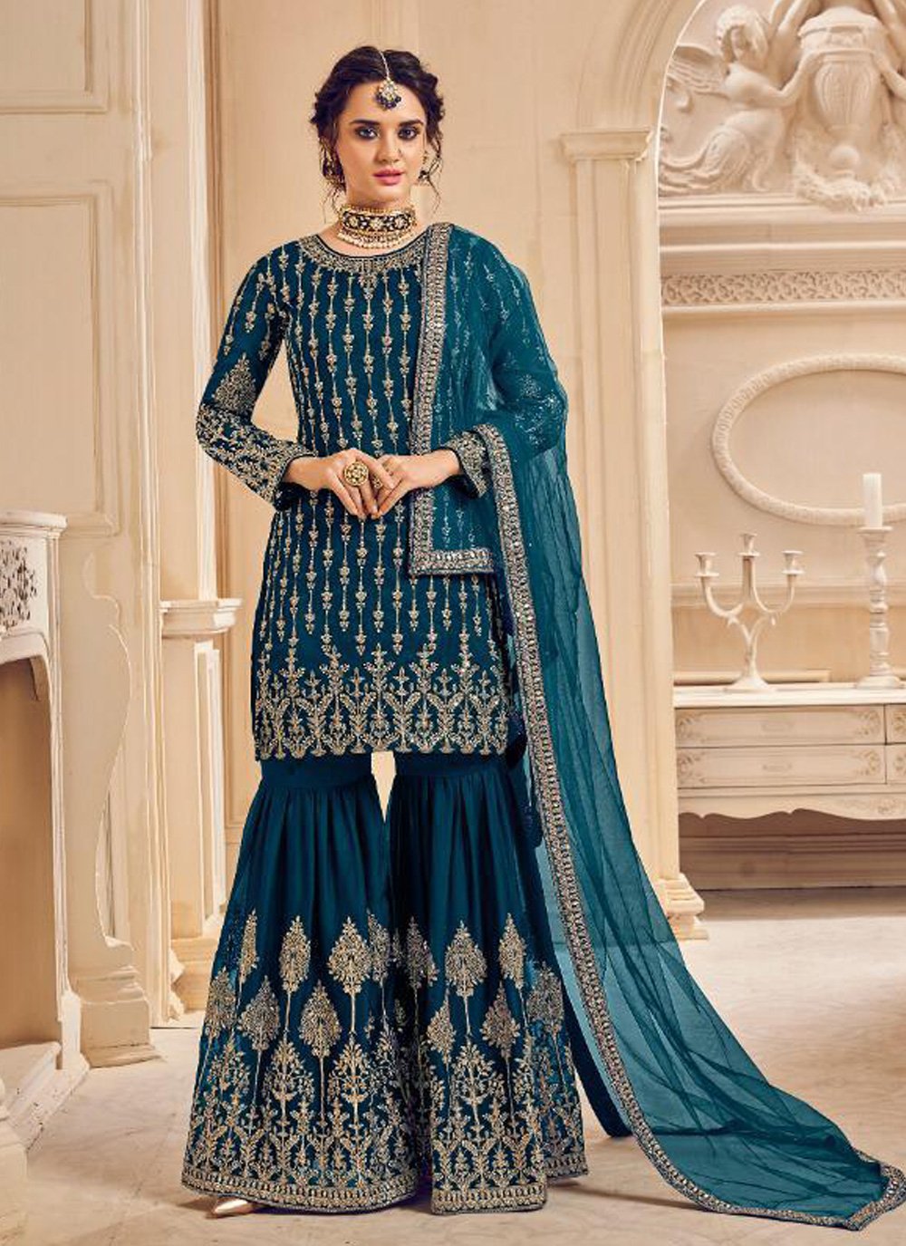 Faux Georgette Blue Resham Designer Pakistani Suit