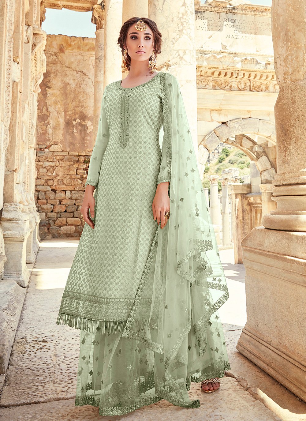 Faux Georgette Designer Palazzo Suit in Green