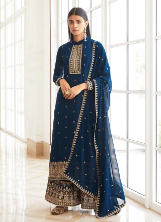 Faux Georgette Embroidered Blue Designer Palazzo Suit