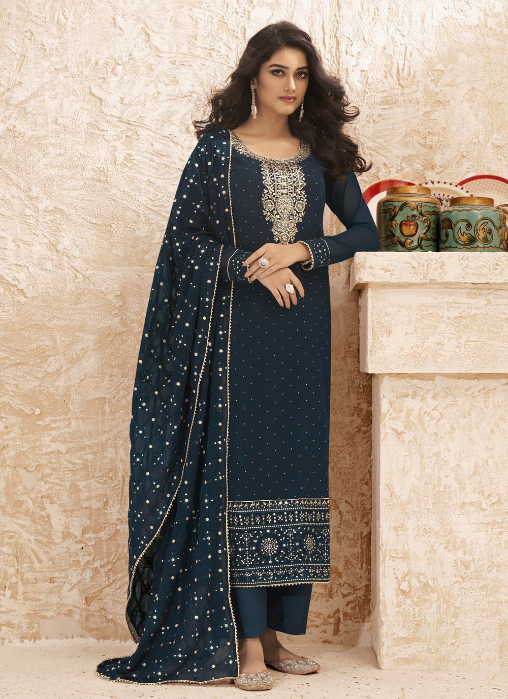 Faux Georgette Embroidered Blue Designer Straight Salwar Suit