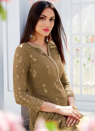 Faux Georgette Embroidered Brown Designer Palazzo Salwar Suit