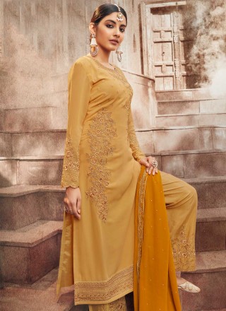 Faux Georgette Embroidered Designer Pakistani Suit in Mustard