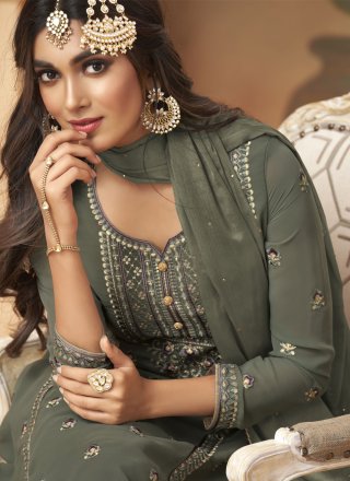 Faux Georgette Embroidered Designer Palazzo Salwar Suit in Grey