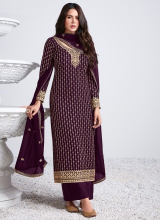 Faux Georgette Embroidered Designer Palazzo Suit