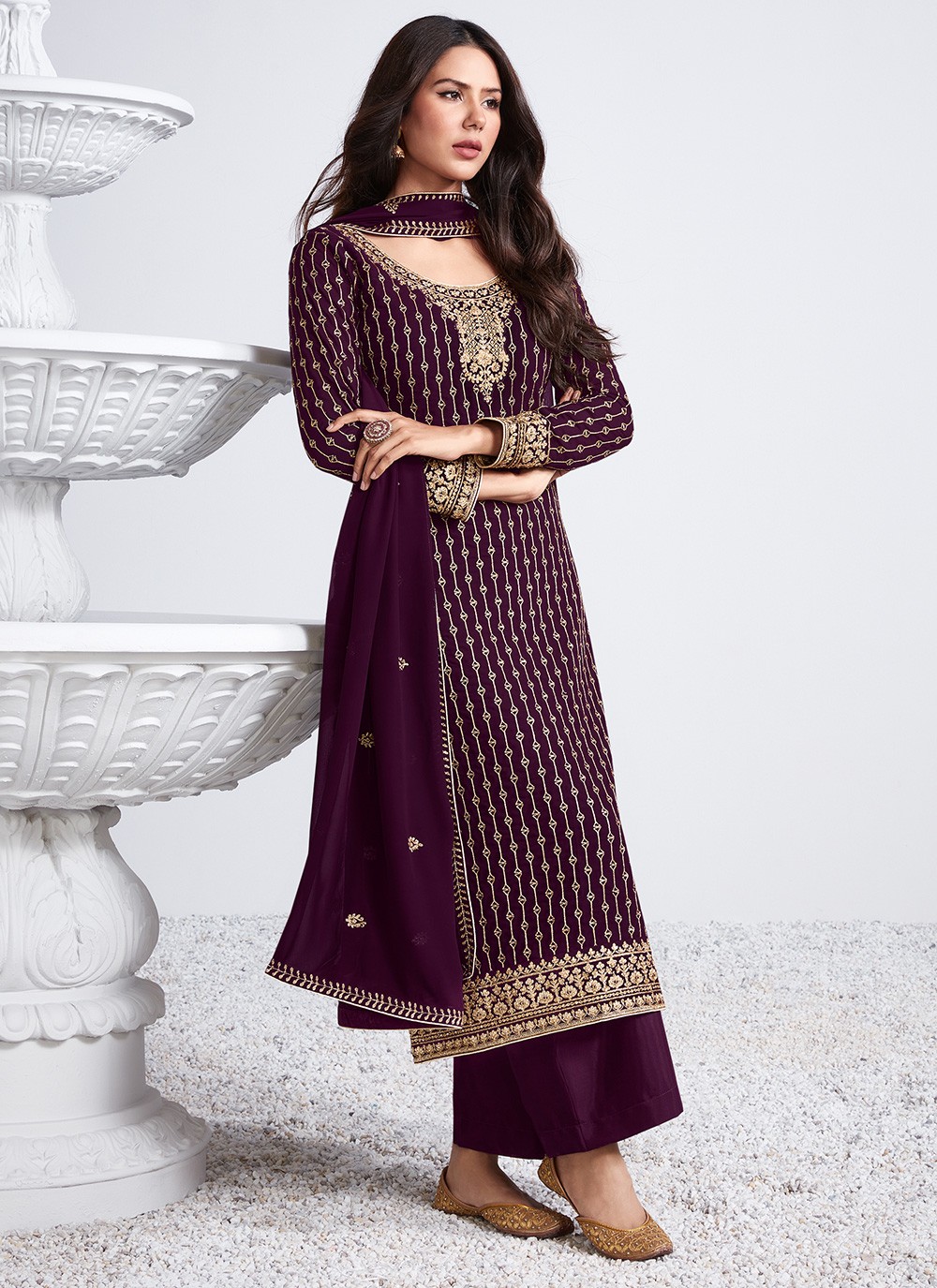 Faux Georgette Embroidered Designer Palazzo Suit