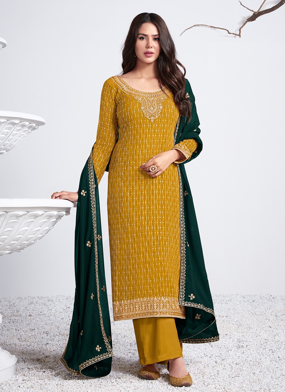 Faux Georgette Embroidered Designer Palazzo Suit in Mustard