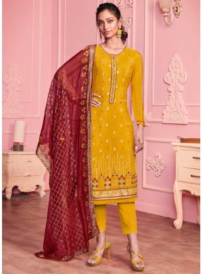 Faux Georgette Embroidered Pant Style Suit