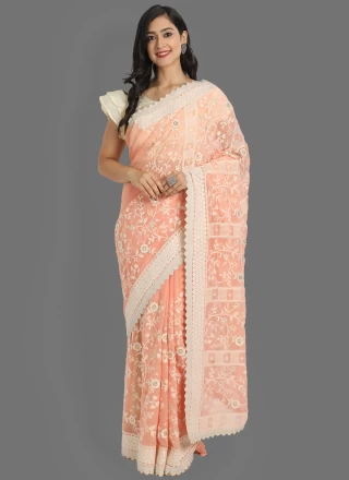 Faux Georgette Embroidered Peach Classic Saree