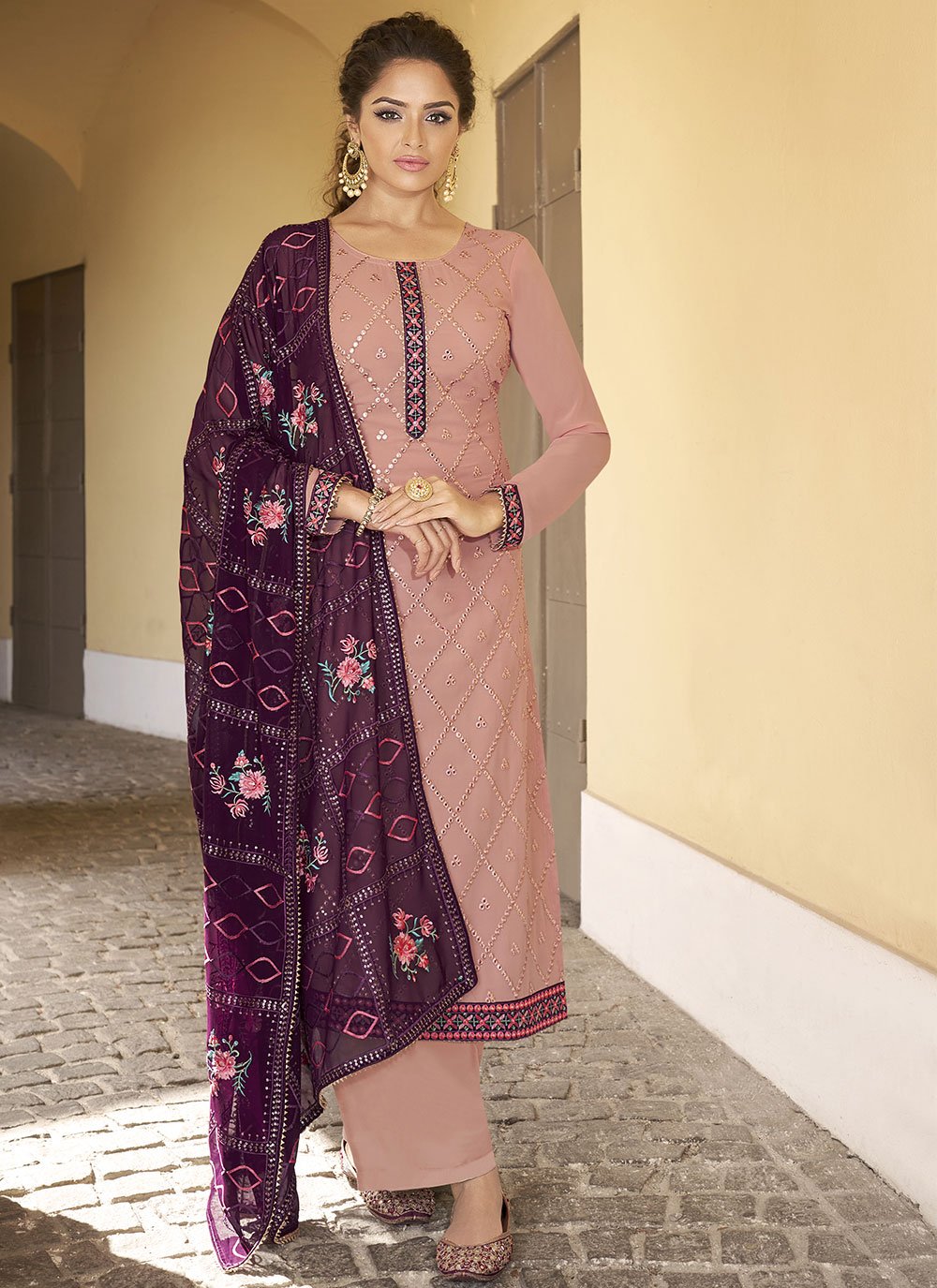 Faux Georgette Embroidered Pink Designer Pakistani Suit