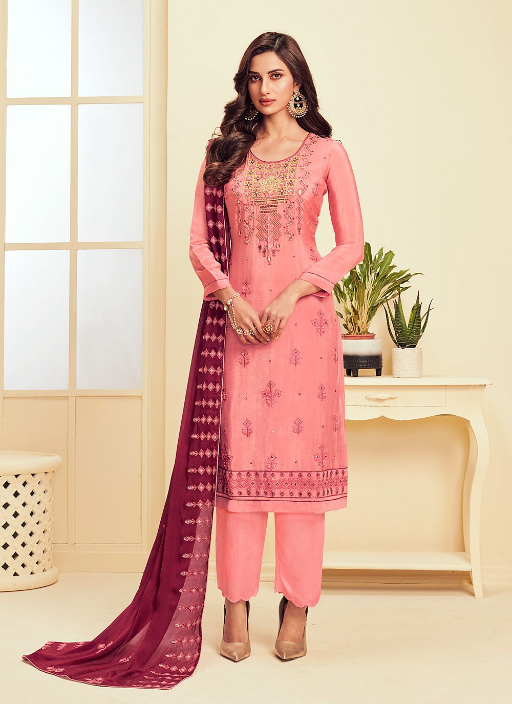 Faux Georgette Embroidered Pink Pant Style Suit