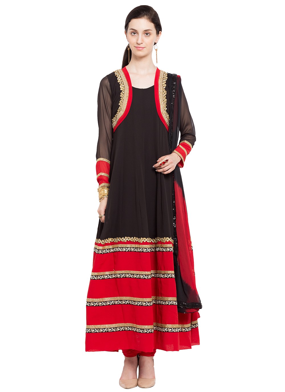 Faux Georgette Embroidered Readymade Anarkali Salwar Suit in Black