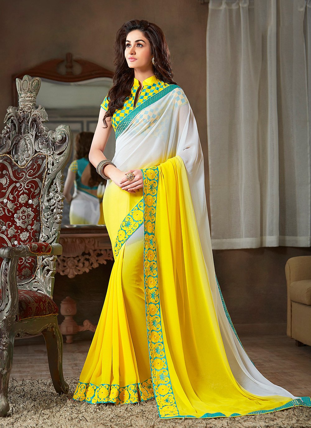 Faux Georgette Embroidered Shaded Saree