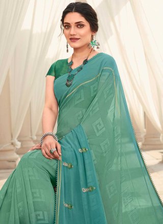 Faux Georgette Embroidered Shaded Saree in Blue and Sea Green