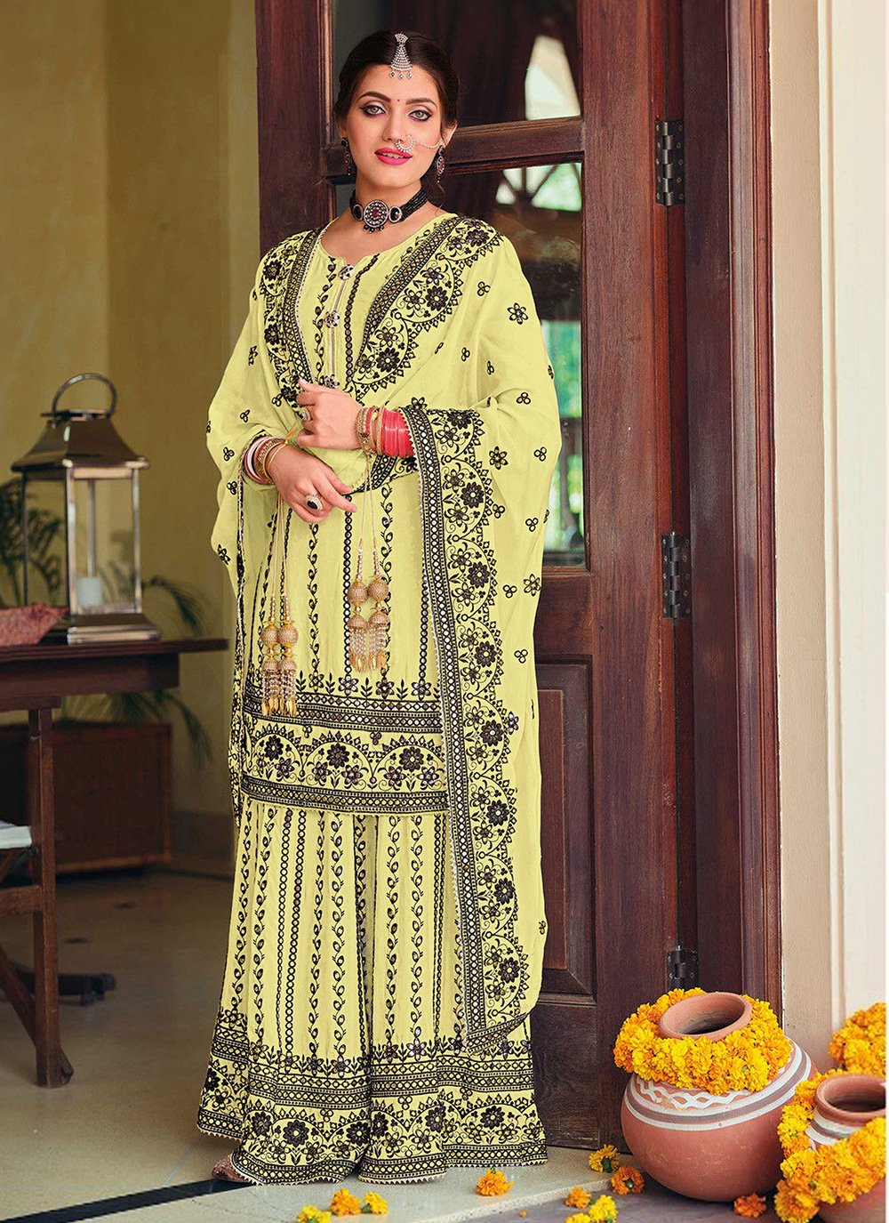 Faux Georgette Embroidered Yellow Designer Pakistani Salwar Suit