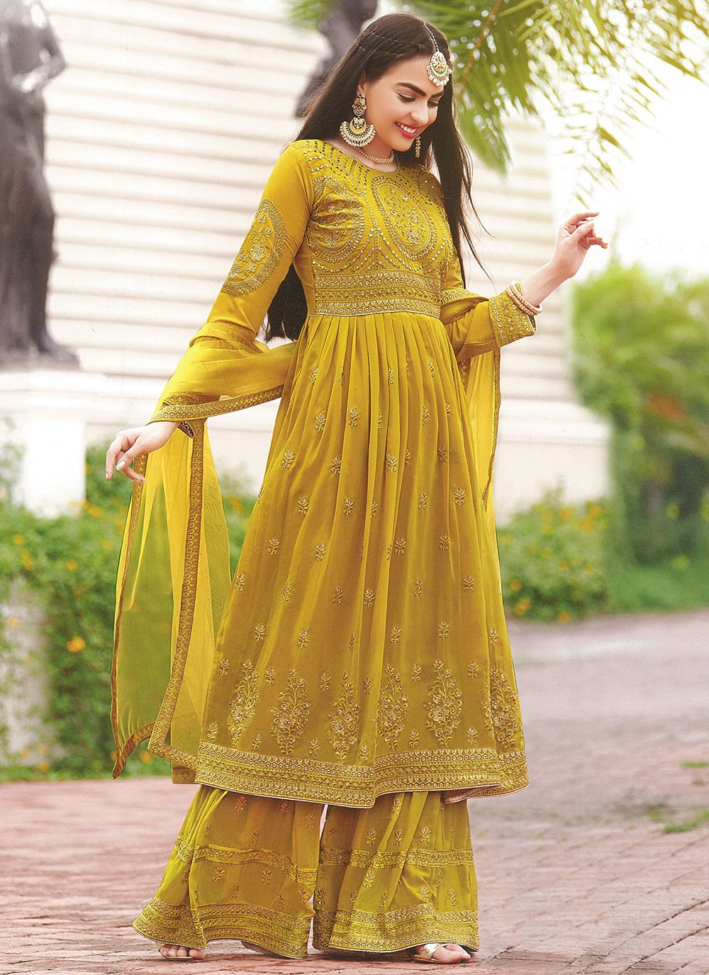 Faux Georgette Embroidered Yellow Designer Pakistani Suit