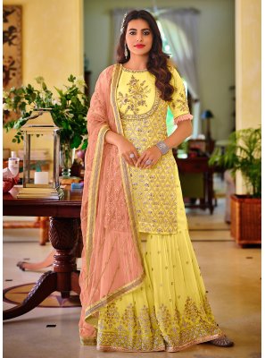 Faux Georgette Embroidered Yellow Designer Palazzo Suit