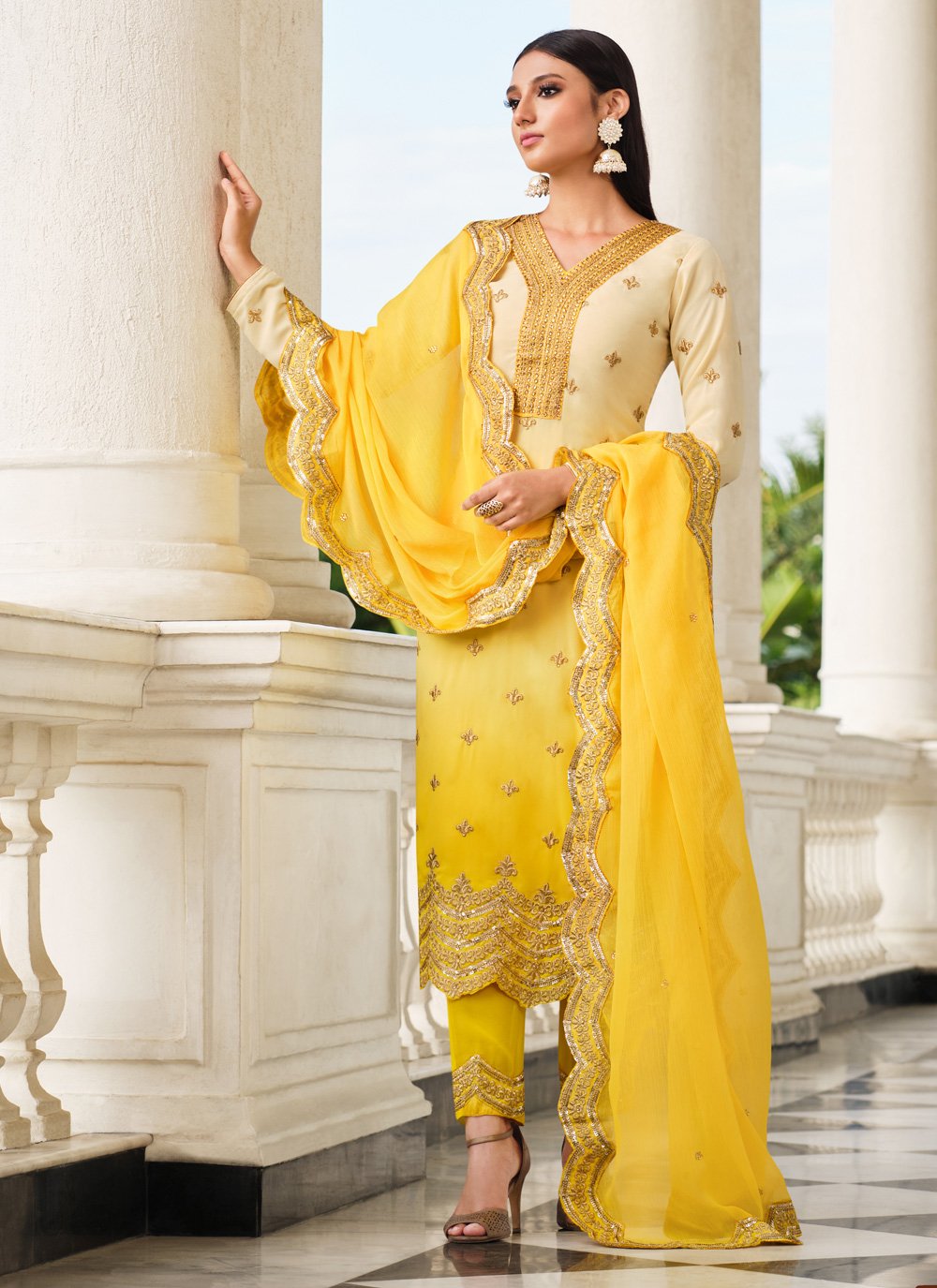 Buy Yellow Faux Georgette Ceremonial Pant Style Suit Online