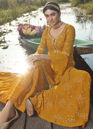 Faux Georgette Fancy Mustard Designer Palazzo Salwar Suit