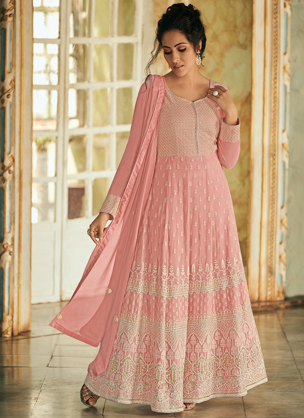 Energetic Brick Pink Color Vaishnavi Net With Coding Embroidery Work Anarkali  Suit