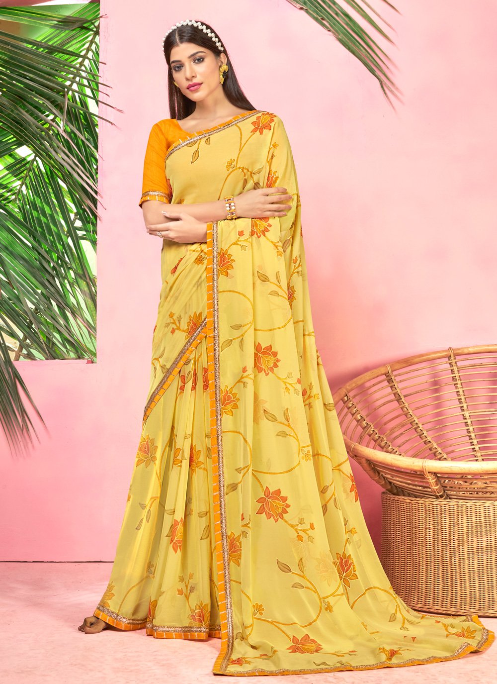 Yellow Printed Saree And Blouse In Georgette 2955SR09