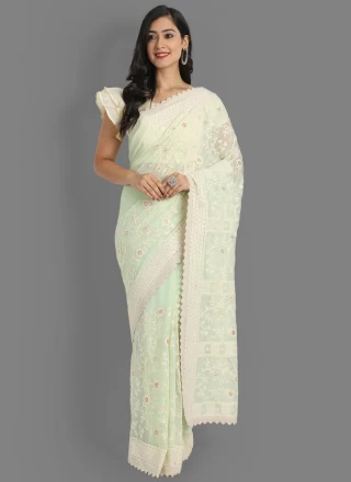 Faux Georgette Green Embroidered Classic Designer Saree