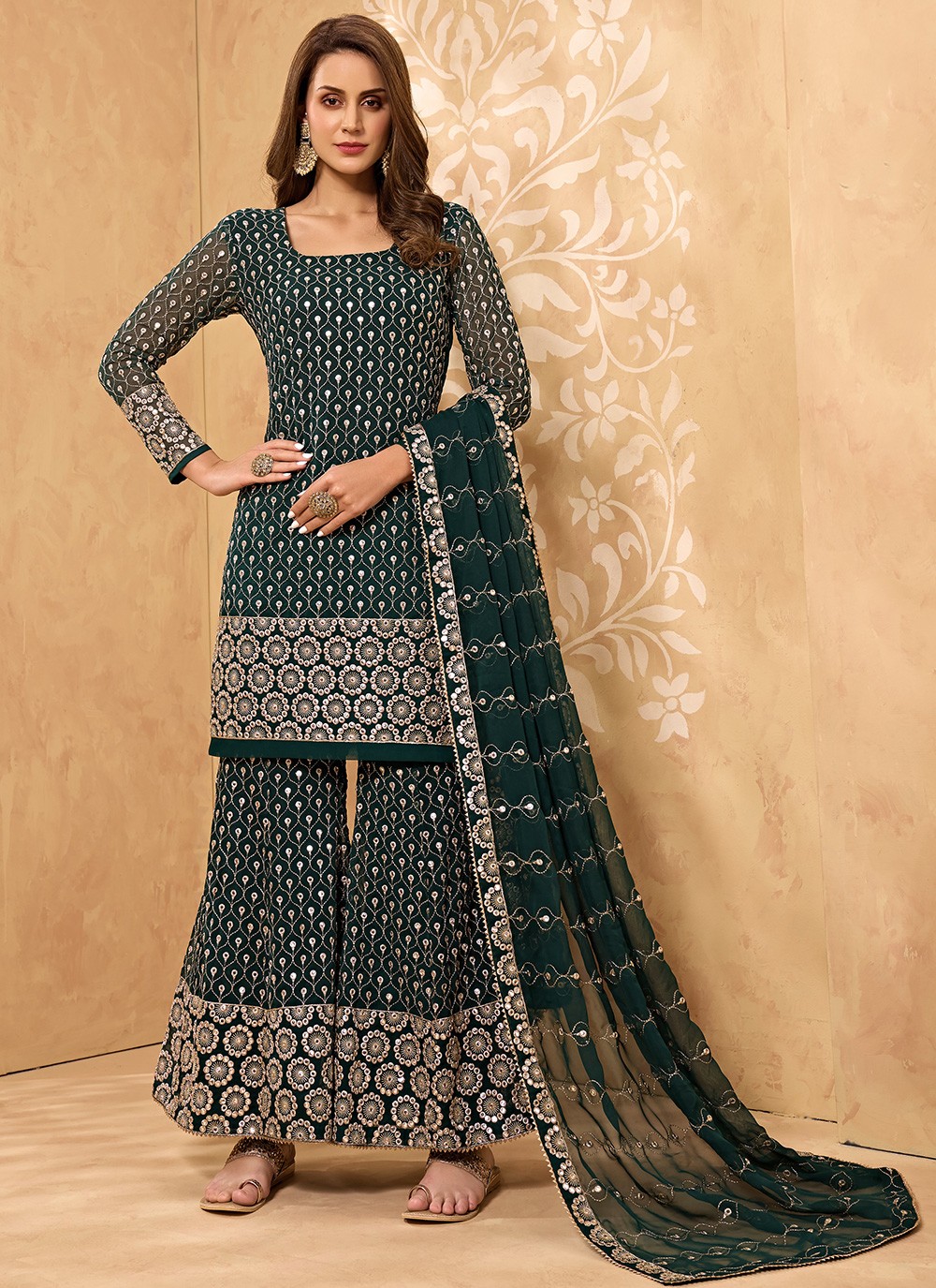 Faux Georgette Green Embroidered Designer Pakistani Suit