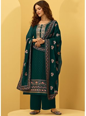 Faux Georgette Green Embroidered Designer Palazzo Suit