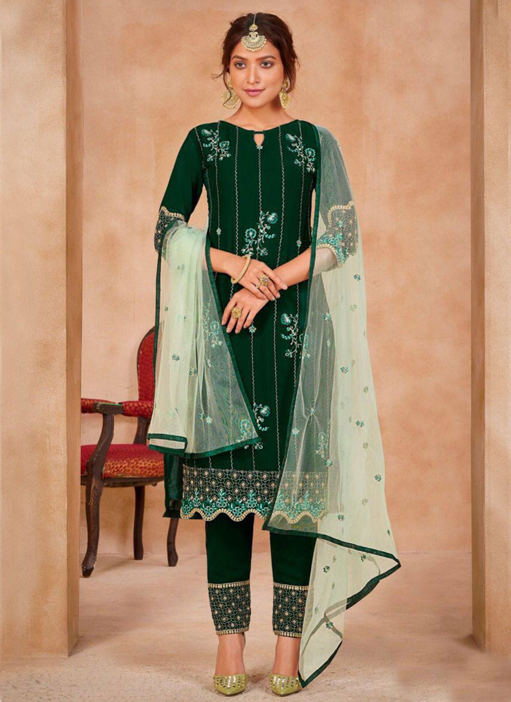 Faux Georgette Green Pant Style Suit