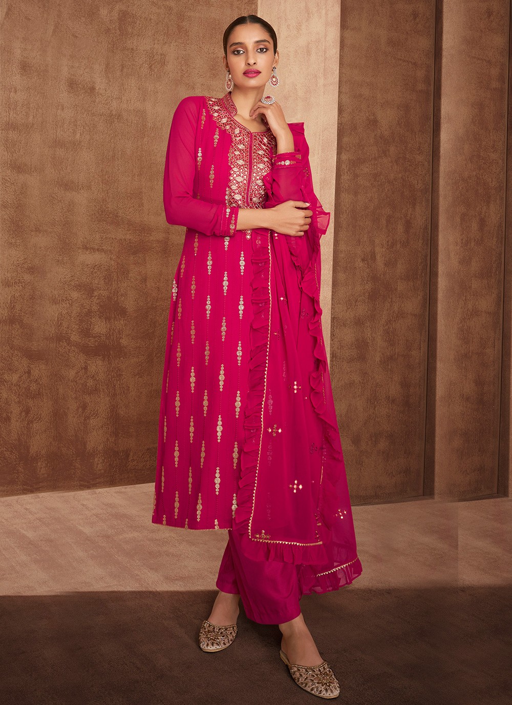 Faux Georgette Hot Pink Embroidered Pant Style Suit
