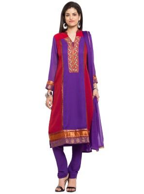 Faux Georgette Maroon and Purple Embroidered Readymade Churidar Salwar Kameez