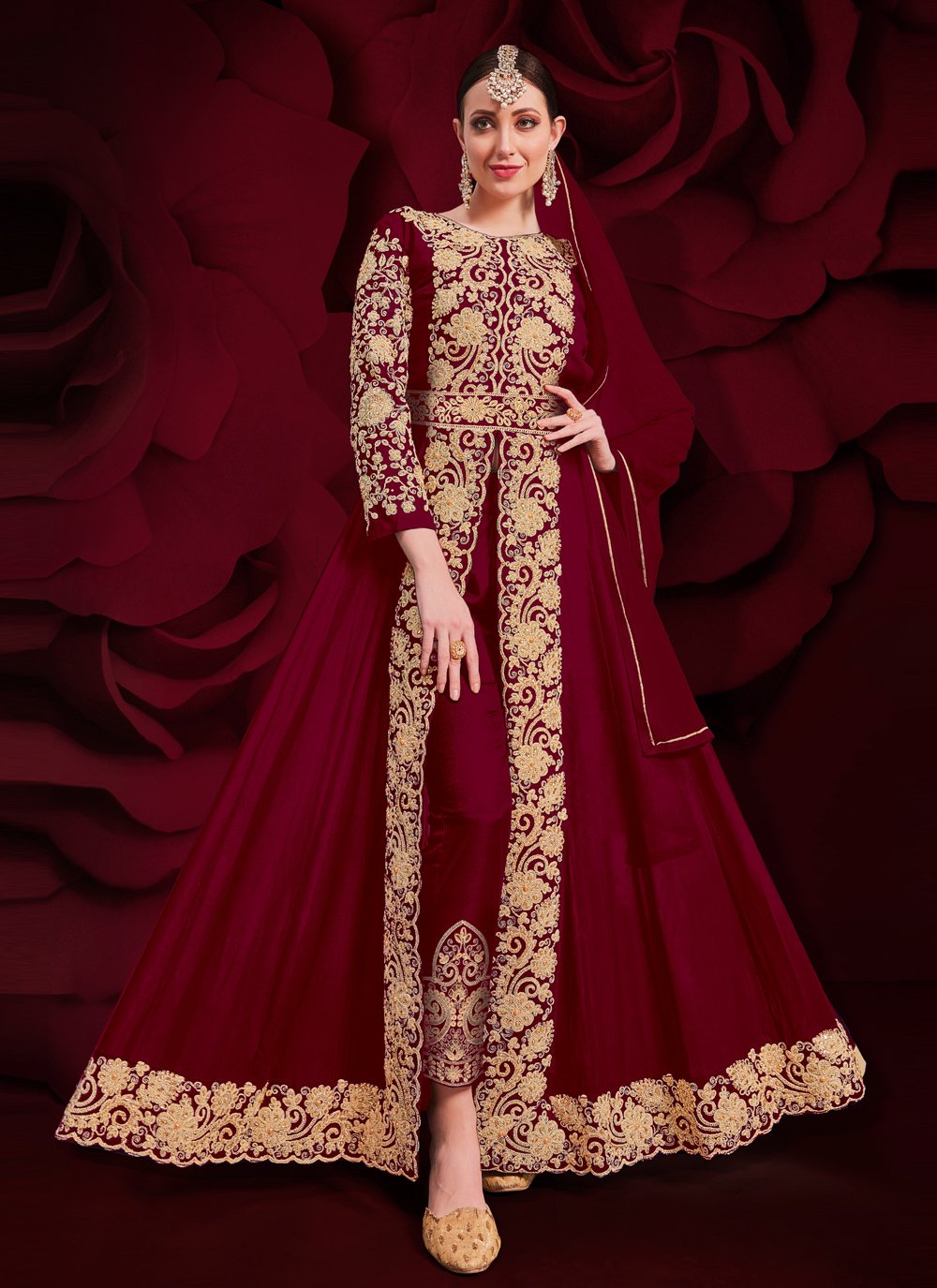 Faux Georgette Maroon Embroidered Anarkali Suit