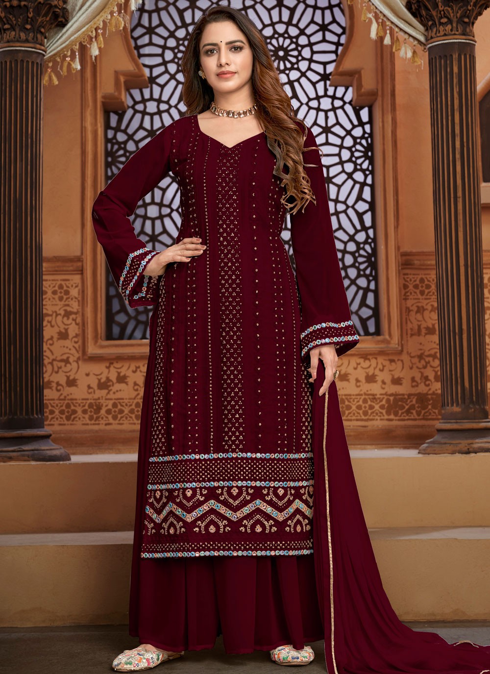 Faux Georgette Maroon Embroidered Designer Pakistani Salwar Suit