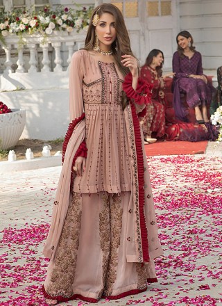 Faux Georgette Mirror Designer Pakistani Salwar Suit in Pink