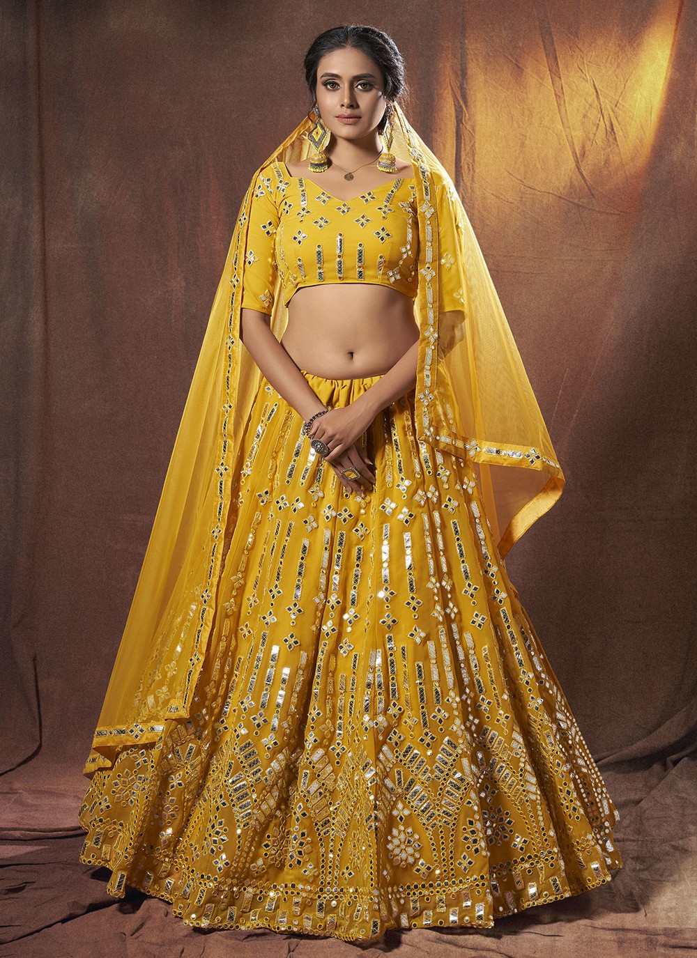 Buy Mustard Yellow Sequins Net Bridal Lehenga Choli Online from EthnicPlus  for ₹4,349.00