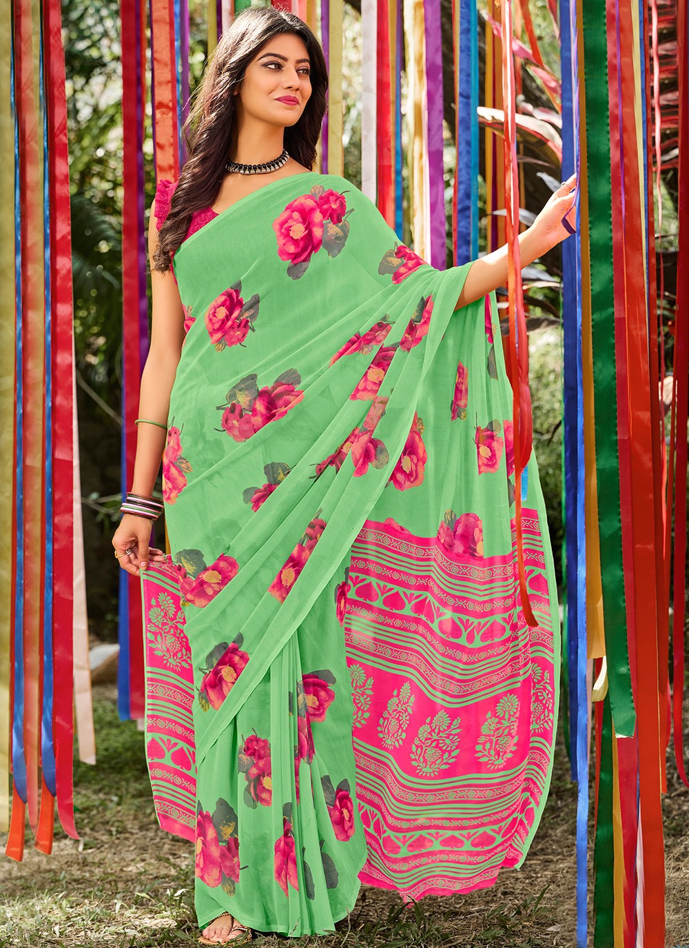 Faux Georgette Multi Colour Abstract Print Casual Saree