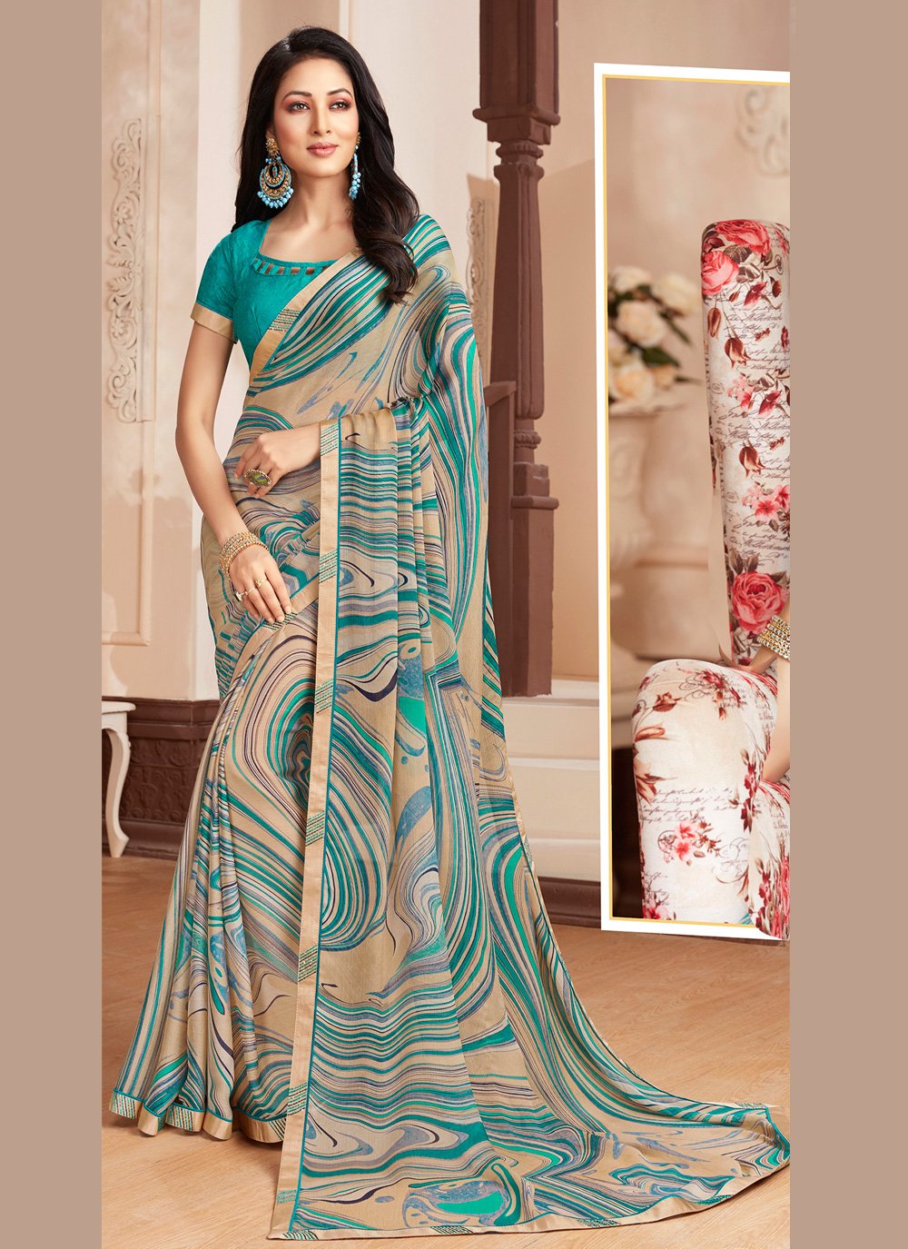 Faux Georgette Multi Colour Abstract Print Printed Saree