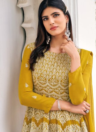 Faux Georgette Mustard Embroidered Readymade Suit