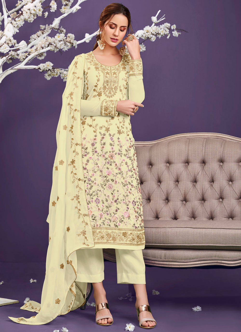 Faux Georgette Off White Resham Designer Pakistani Salwar Suit