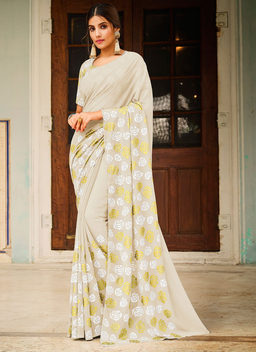 Buy Faux Georgette Off White Saree Online