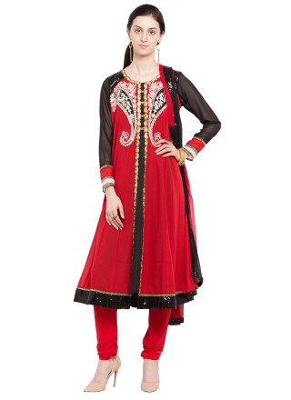 Faux Georgette Patchwork Readymade Anarkali Salwar Suit in Red