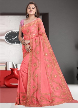 Buy Stunning Peach Plain Georgette Saree with Blouse at Amazon.in