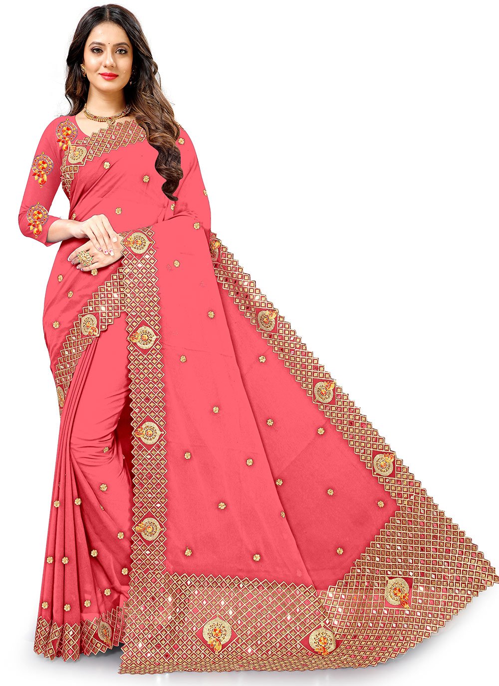 Faux Georgette Pink Embroidered Classic Designer Saree