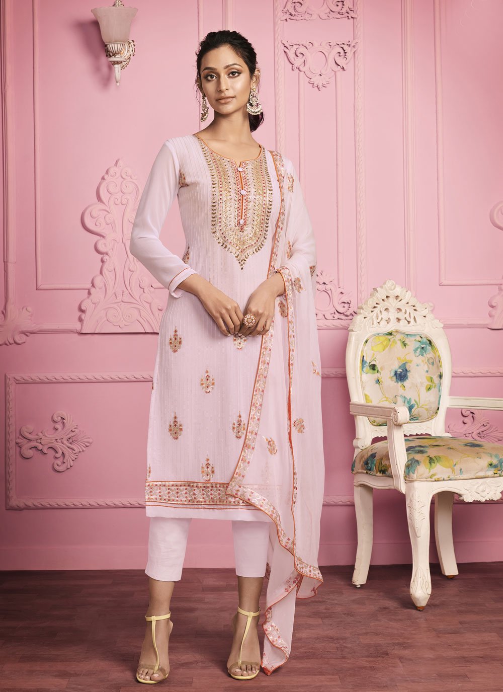 Faux Georgette Pink Embroidered Pant Style Suit