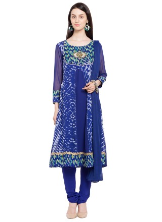 Faux Georgette Printed Blue Readymade Anarkali Salwar Suit