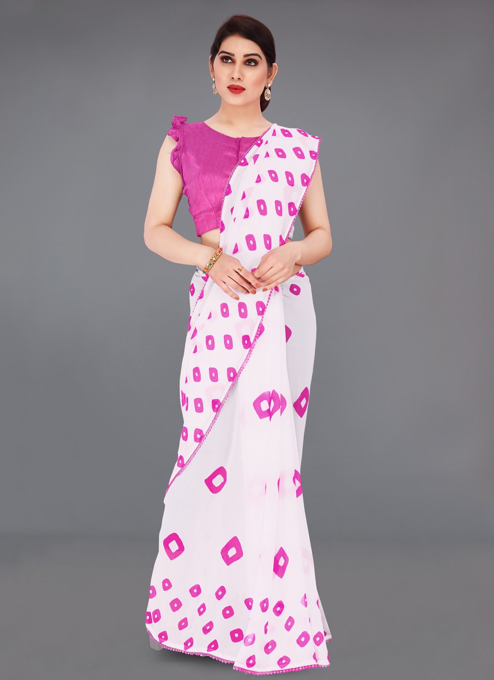 Faux Georgette Printed Saree in Off White