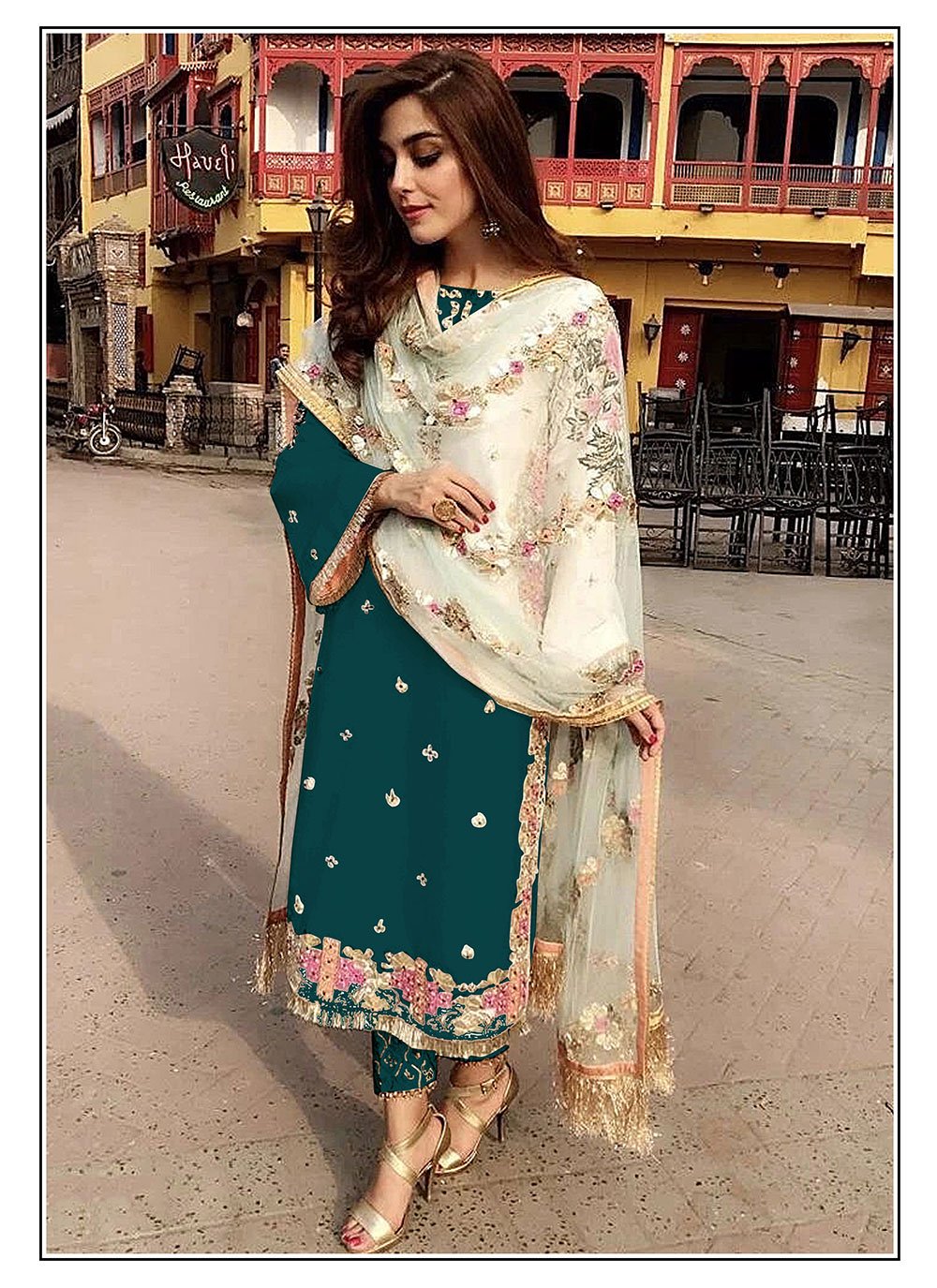 Faux Georgette Rama Embroidered Designer Straight Salwar Suit