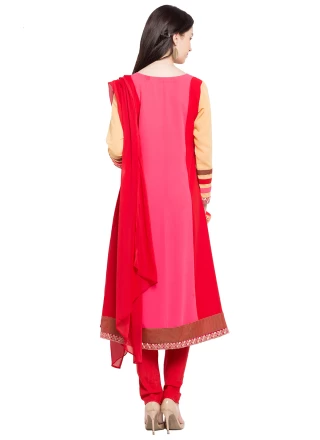 Faux Georgette Readymade Anarkali Salwar Suit in Pink and Red
