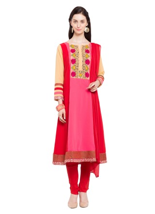 Faux Georgette Readymade Anarkali Salwar Suit in Pink and Red
