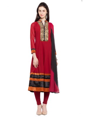 Faux Georgette Readymade Anarkali Salwar Suit in Red